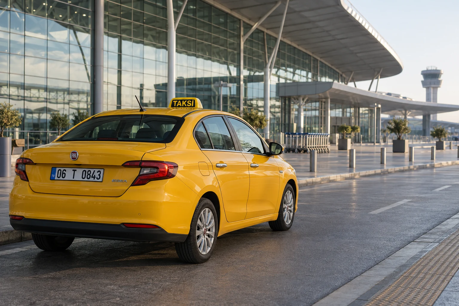 Havalimanı terminalinde 06 plakalı sarı Fiat Egea taksi; temsili görsel
